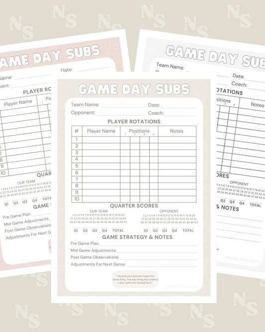 Netball Game Day Subs Template | Printable Player Rotation and Score Tracker! Aesthetic Pink Beige & Grey Designs