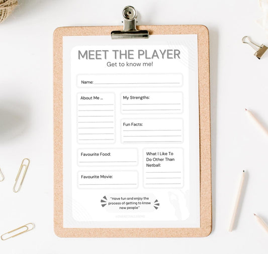 Meet the Player Netball Template – Printable Get-to-Know-You Worksheet Black & White