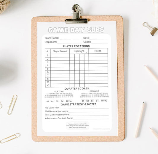 Netball Game Day Subs Template | Printable Player Rotation and Score Tracker! Black & White Design
